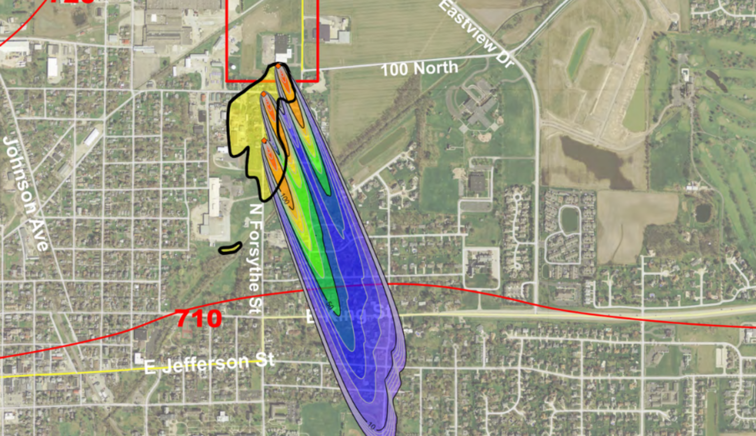 This model estimates water contamination from the Amphenol site (red outline) could have spread farther than the EPA's groundwater study area (yellow). Warmer colors show higher possible levels of the cancer-causing chemical TCE. (Courtesy of Mundell)