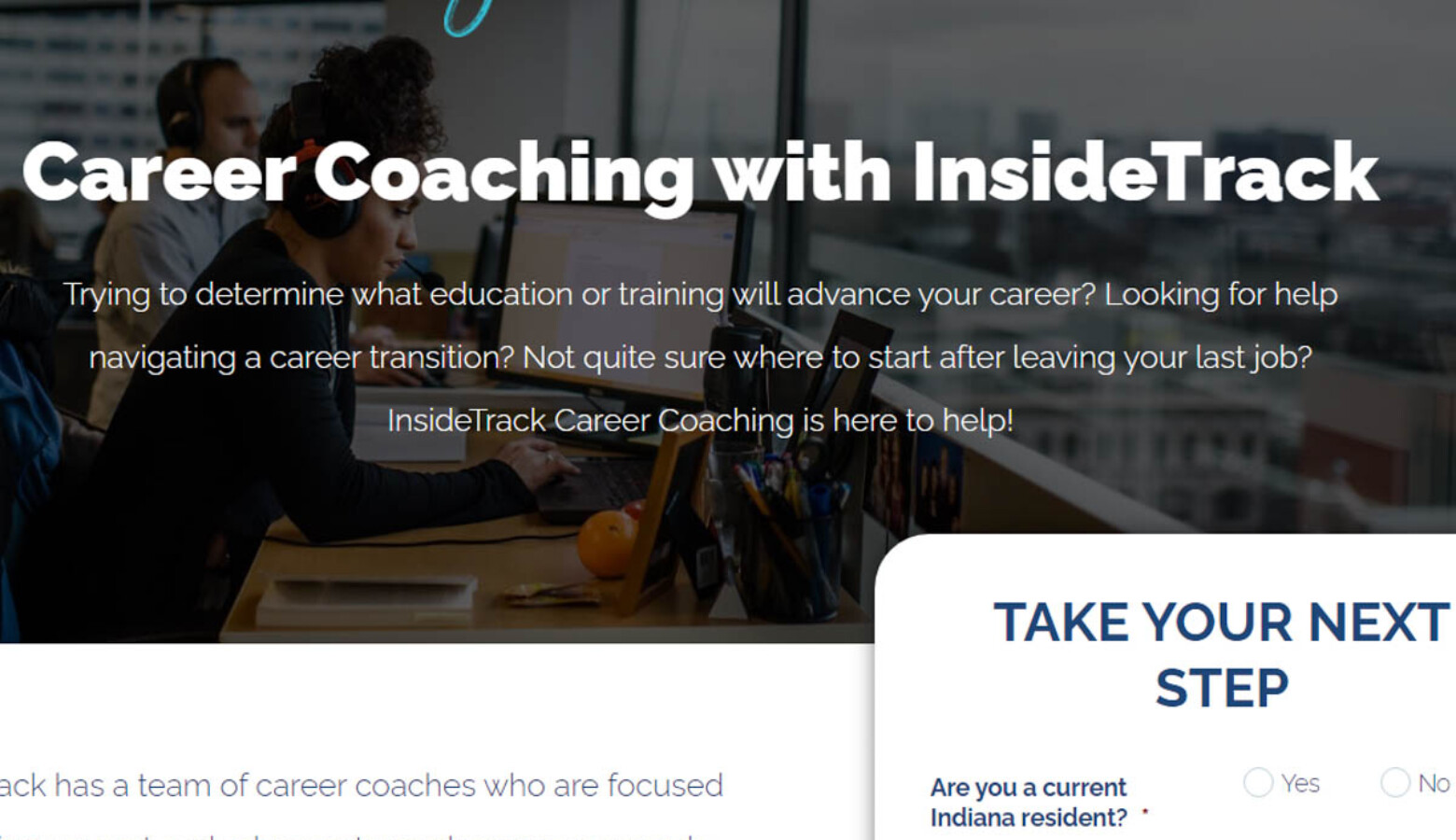 The state is paying InsideTrack to deliver career coaching to up to 5,000 residents, regardless of employment status. (Screenshot of YourNextStepIN website.)