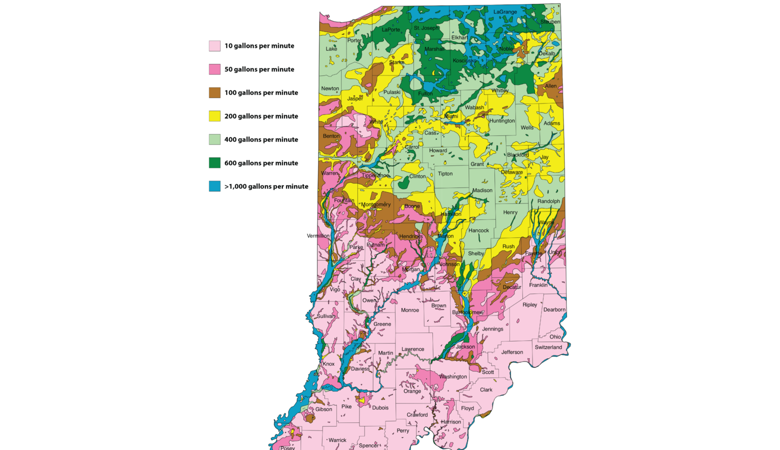 A map highlights the state in swaths of pink, graphic, brown, yellow, green and blue. The pink areas highlight the areas where the flow of groundwater is less than 50 gallons per minute. The green parts highlight where the flow of groundwater is more than 400 gallons per minute.