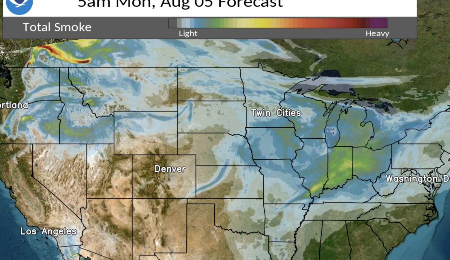 NOAA's map displays most of the United States with color-coded swirls showing the smoke as it moves through the U.S. Red and yellow portions are highlighted north of Washington state. And Illinois, Indiana and Ohio have portions coded in green and faint yellow showing moderately light smoke throughout the region.