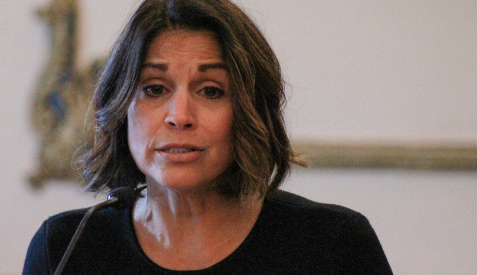 Mary DeBoer speaks into a microphone. DeBoer is a White woman with dark hair. She is wearing a black top.