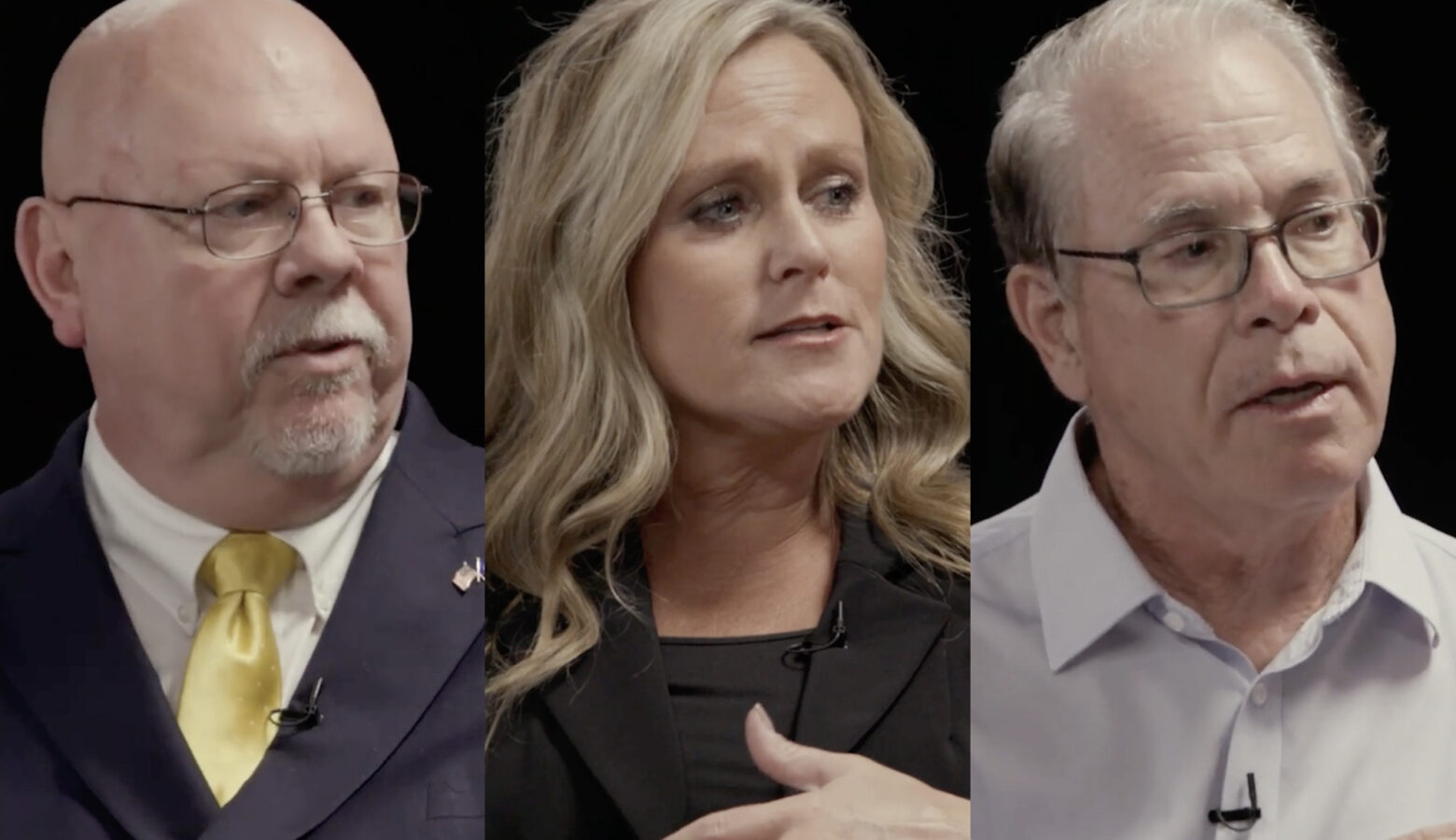 Screenshots from videos of Indiana's three gubernatorial candidates. Donald Rainwater is a White man, bald with a white goatee. He is wearing glasses and a suit and tie. Jennifer McCormick is a White woman with blonde hair. She is wearing a black jacket over a black top. Mike Braun is a White man with white and gray hair. He is wearing glasses and a button-down shirt.