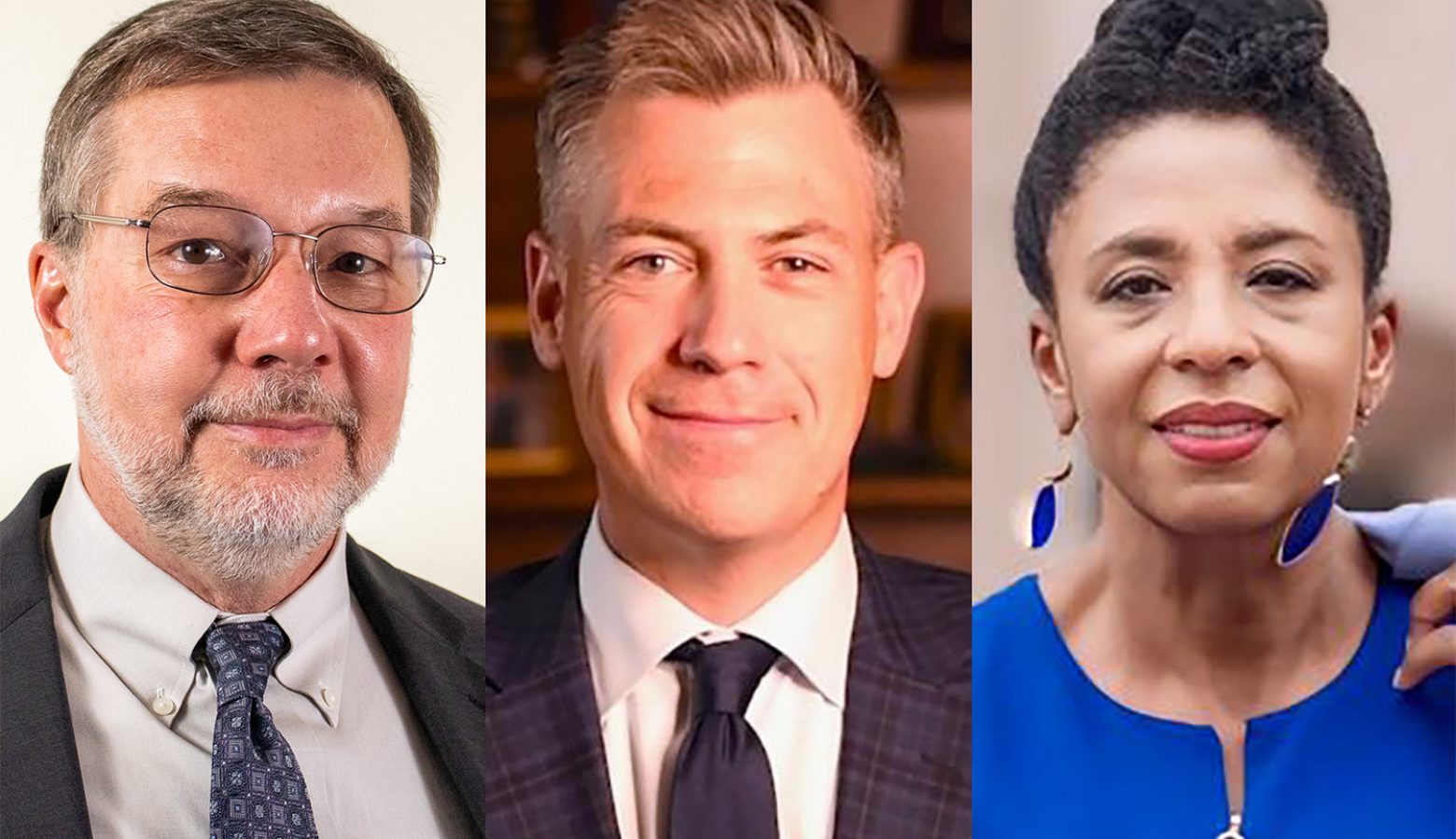 Headshots of Andrew Horning, Jim Banks and Valerie McCray. Horning is a White man with dark, graying hair and a gray beard. He is wearing glasses and a suit and tie. Banks is a White man with dark, graying hair. He is wearing a suit and tie. McCray is a Black woman with black hair. She is wearing a blue top.