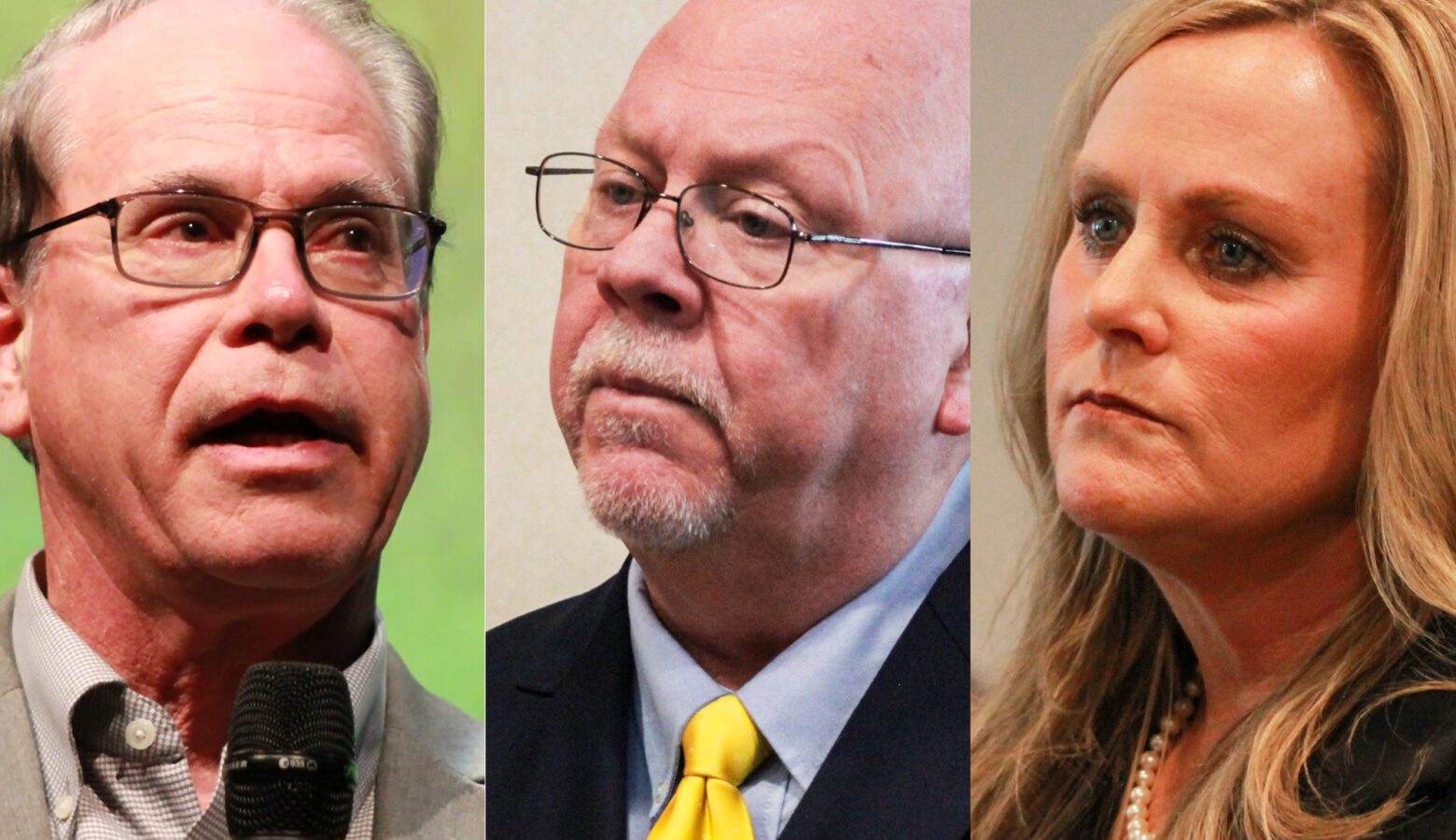 Three photos of candidates for governor, side-by-side. Mike Braun is a White man, balding with dark, graying hair. He is wearing glasses and a tan suit jacket over a gray shirt. Donald Rainwater is a White man, bald, with a white goatee. He is wearing glasses, a black suit jacket with a light blue shirt and yellow tie. Jennifer McCormick is a White woman with blonde hair. She is wearing a black jacket.