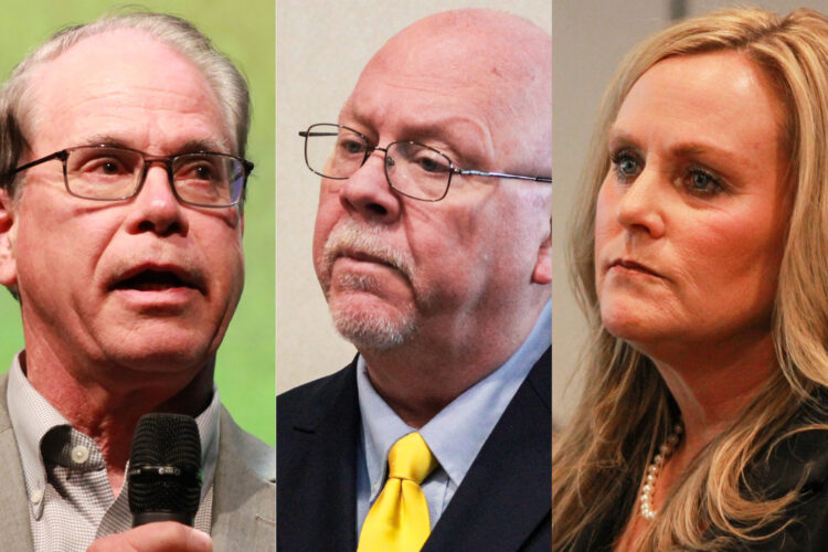 Three photos of candidates for governor, side-by-side. Mike Braun is a White man, balding with dark, graying hair. He is wearing glasses and a tan suit jacket over a gray shirt. Donald Rainwater is a White man, bald, with a white goatee. He is wearing glasses, a black suit jacket with a light blue shirt and yellow tie. Jennifer McCormick is a White woman with blonde hair. She is wearing a black jacket.