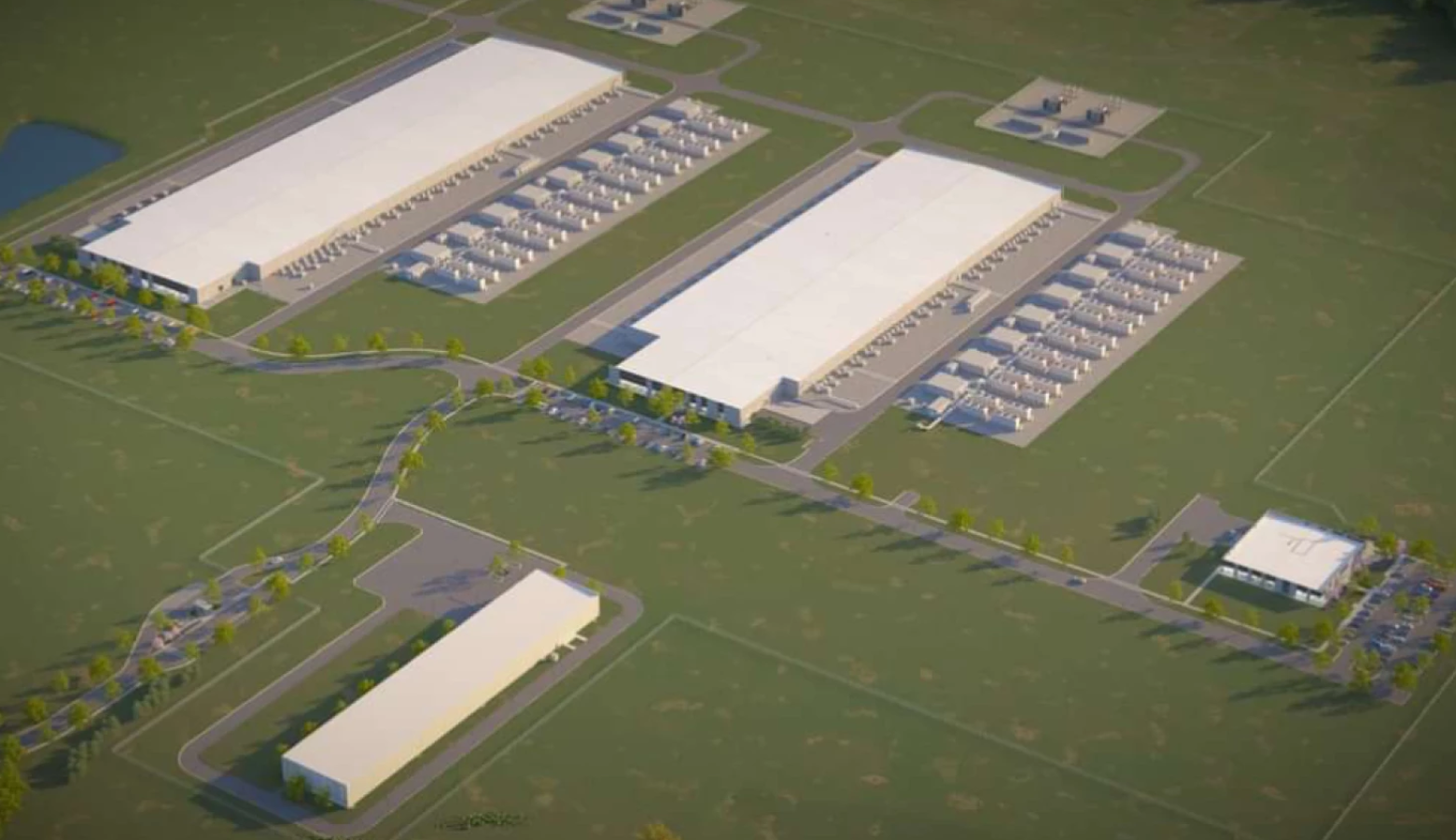 Three large buildings are rendered in a mockup of Meta's proposed data center.