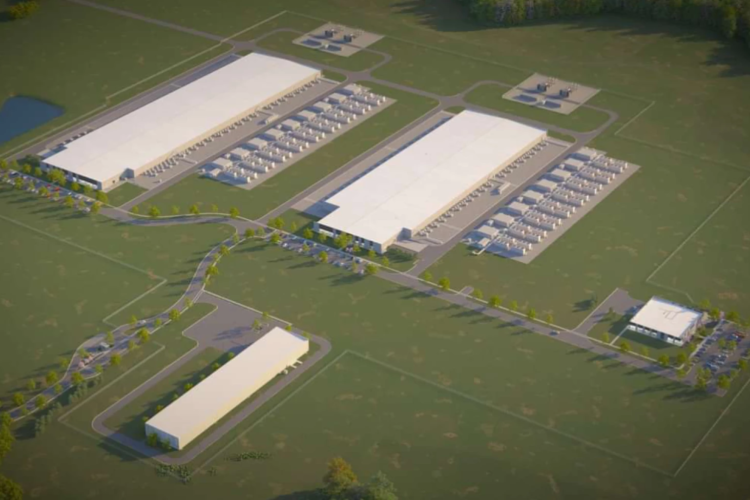 Three large buildings are rendered in a mockup of Meta's proposed data center.