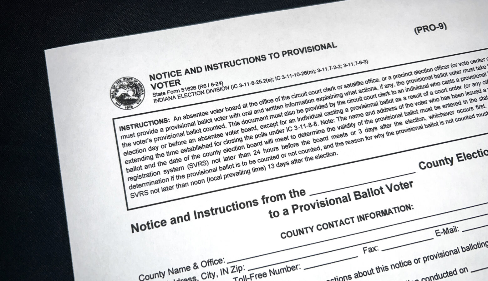 A partial image of a form providing notice and instructions to a voter who casts a provisional ballot.