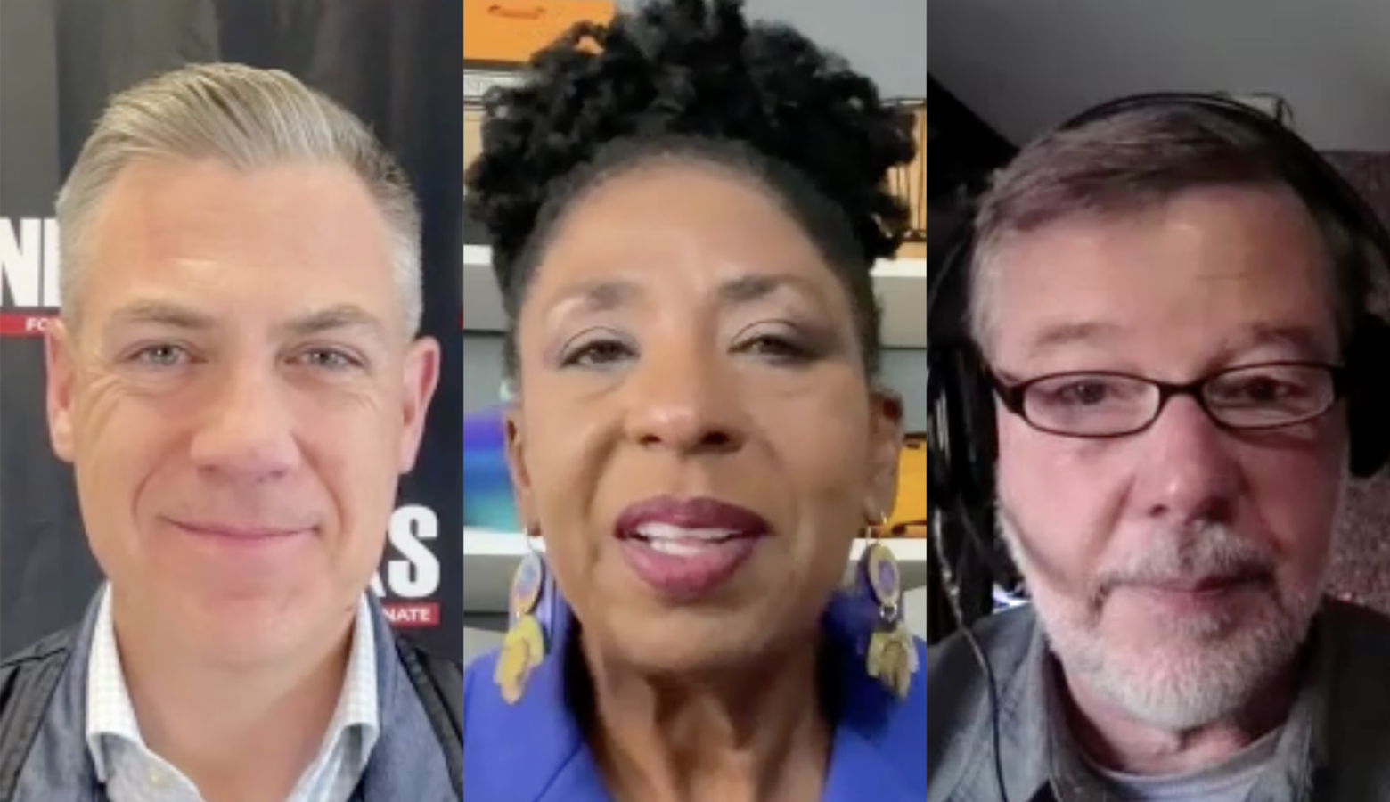 Three still images from Zoom interviews. Jim Banks is a White man with gray hair. He is wearing a gray vest over a white shirt. Valerie McCray is a Black woman with black hair. He is wearing a blue jacket. Andrew Horning is a White man with dark, graying hair and gray beard. He is wearing glasses and a gray shirt.