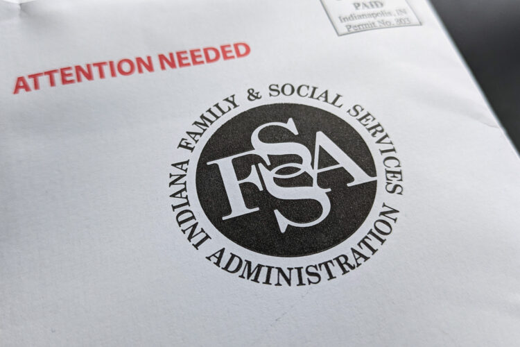 An envelope with the Indiana Family and Social Services logo printed in black and the words "Attention needed" in red.